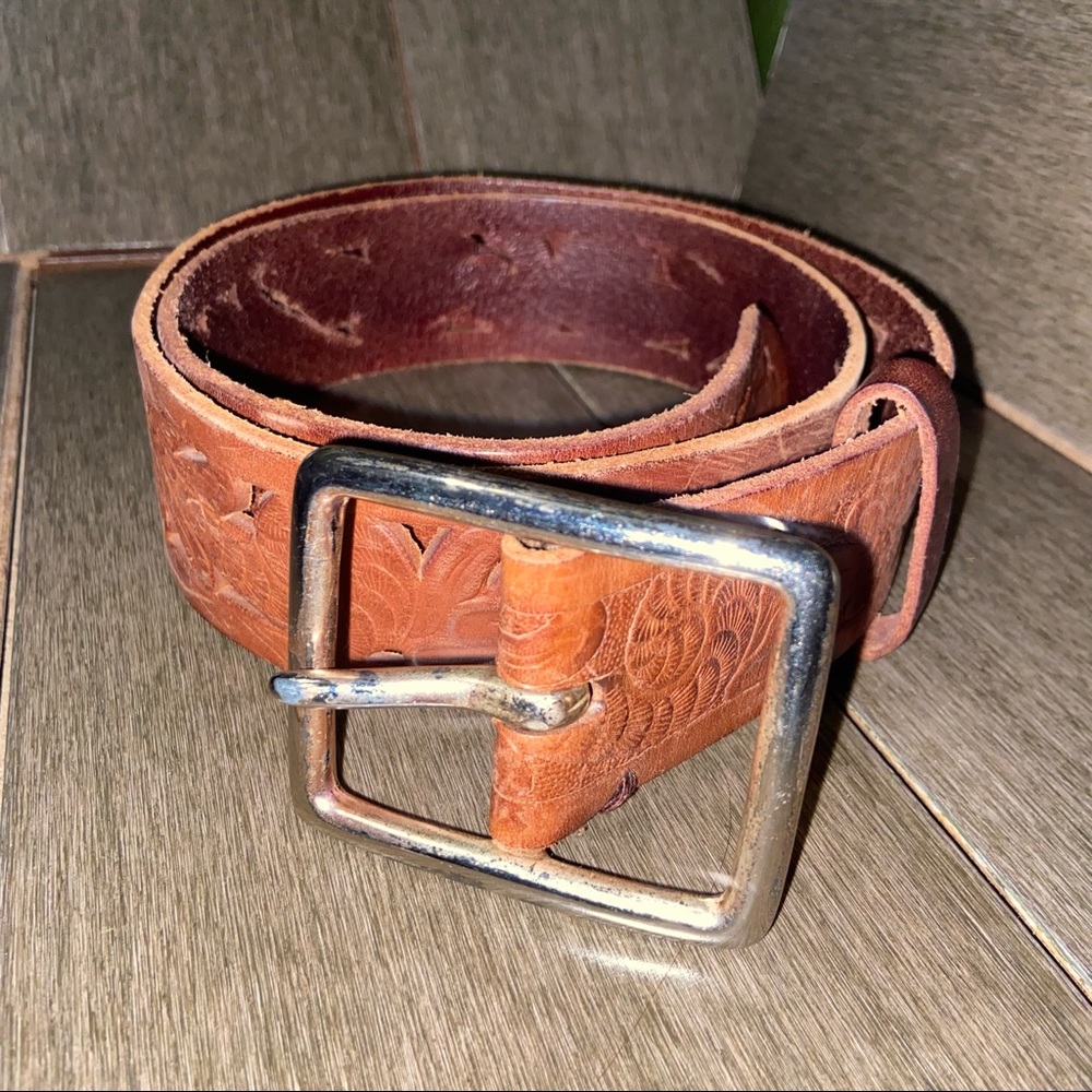 Floral Cutout Leather Belt Brown 42”
